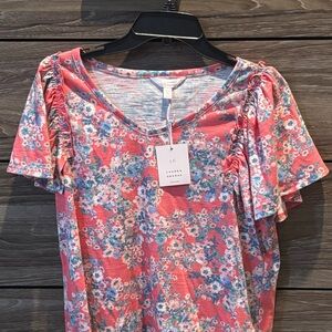 LC Lauren Conrad Coral Floral Ruffle Sleeve Tee